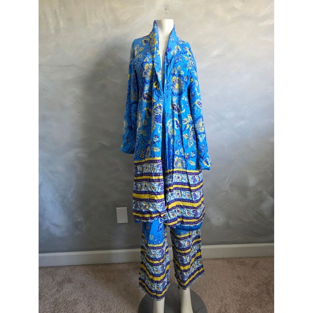 Blue Yellow Floral Bohemian Duster Open Front Kimono Pants Set Sz M/L Women